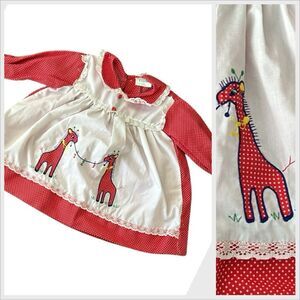 Vintage Catton Candy Red Polka Dot Dress with Giraffe Embroidery 1-2-3